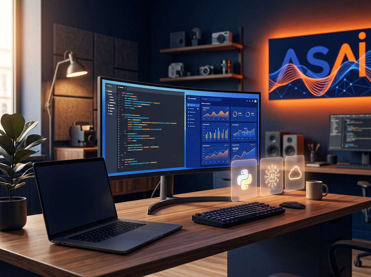 Modern coding workspace showing a live editor, analytics dashboard and holographic Python, AI and cloud icons — representing ASAI's hands-on, industry-oriented learning
